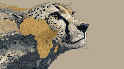 A powerful cheetah portrait merged with a map of Africa, symbolizing protection of its habitat.