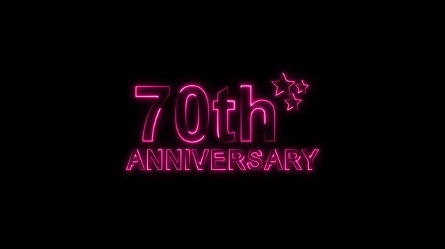 Celebrate 70th anniversary with glowing pink neon text and sparkling stars on a black backdrop, perfect for invitations, cards, and social media posts, evoking joy and milestone achievement