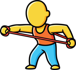 Yellow Cartoon Person Exercising With Resistance Band Arms Outstretched Orange Tank Top Blue Pants