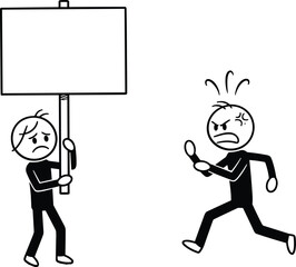 Stick figure conflict illustration with angry character chasing sad protester holding blank sign, concept of disagreement, protest, intimidation, communication issues