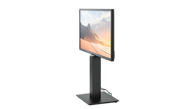 Monitor stands, displaying a beach landscape scene on black