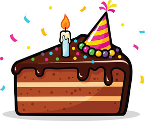 Chocolate birthday cake slice with lit candle party hat and confetti celebration
