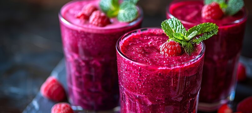 Vibrant close up of a healthy smoothie in a glass surrounded by fresh tropical fruits