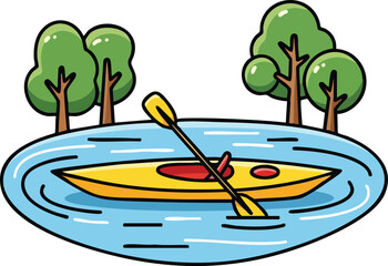 Pixel Art Kayak Scene With Trees And Water Vector Illustration