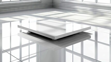 A minimalist white square platform sits on a glossy, reflective floor, with sunlight casting shadows and reflections from nearby windows.