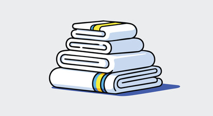 Stack Of Clean White Folded Towels With Blue And Yellow Stripes On Light Gray Background With Subtle Shadowing
