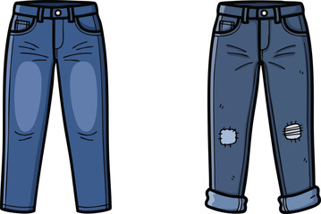 Two pairs of blue denim jeans one plain and one with rips and rolled cuffs on a white background