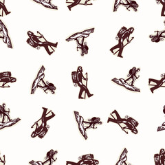 Pilgrim man figure with backpack seamless vector pattern. Hand drawn black and white religious christian pilgrimage background. For hiking all over print. 