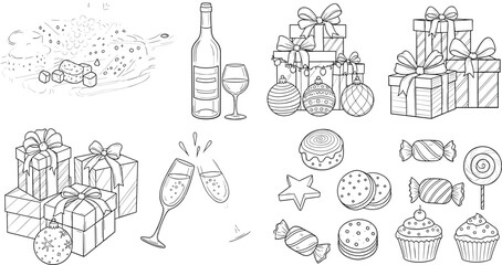 Christmas holiday sketch set, gift boxes, wine bottle, champagne toast, cheese platter, cookies, and candies, black and white vector illustration.