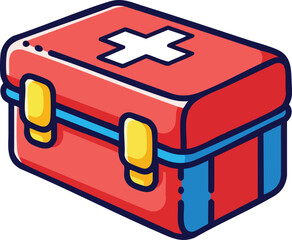 Red First Aid Kit With White Cross Symbol And Blue Straps Isometric View