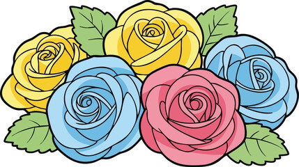 Cluster of yellow blue and pink roses with green leaves isolated on white background
