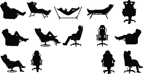 Naklejka premium Silhouette collection of people relaxing in recliner chairs, hammocks, and office seats, showing various comfortable resting poses, leisure positions, relaxation