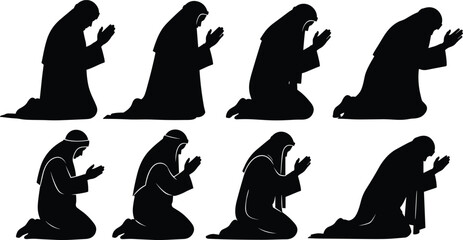Silhouette figures kneeling in prayer, religious devotion poses, spiritual worship illustration, humble praying people vector set for faith concepts