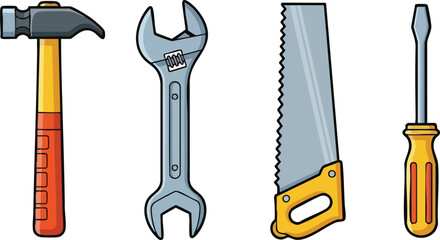 Pixel Art Tools Hammer Wrench Saw and Screwdriver on White Background