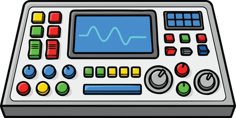 Electronic testing device with colorful buttons and blue screen displaying waveform on gray base