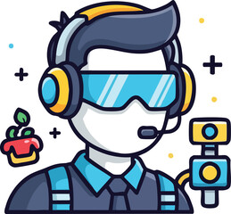 Pixel Art Gamer Avatar with Headset and VR Goggles Holding a Controller with Small Plant and Plus Signs