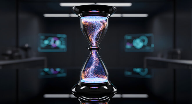 Digital hourglass with swirling particles symbolizing the flow of time and technological advancement in a futuristic setting - Powered by Adobe