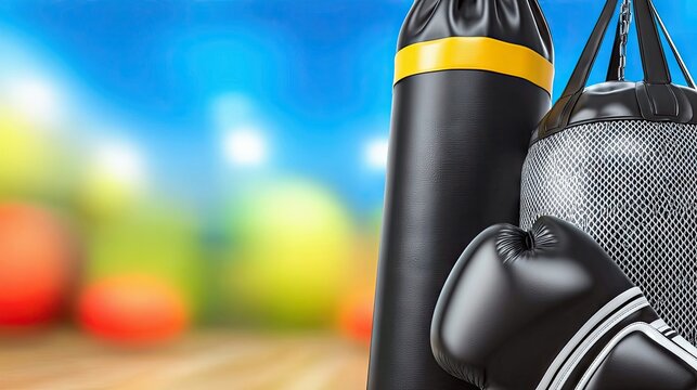 A close-up of black boxing gloves rests in front of two punching bags, one black with a yellow band and another with a mesh exterior, set against a vibrant, out