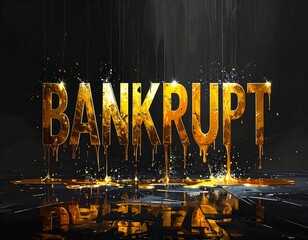 Bold gold "BANKRUPT" text drips onto a reflective surface against a black background