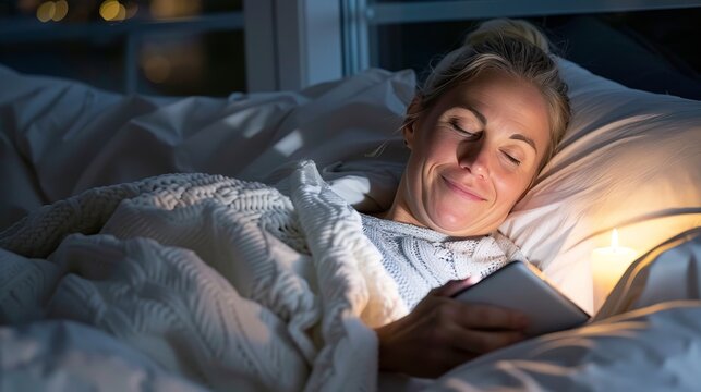 Smiling woman engaged in casual remote work on a tablet while relaxing on a sofa in soft lighting