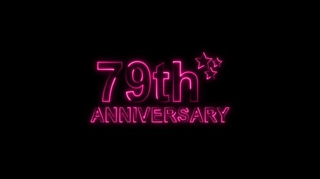 Celebrate 79th anniversary with glowing pink neon text and sparkling stars on a black backdrop, perfect for invitations, cards, and social media posts, evoking joy and milestone achievement