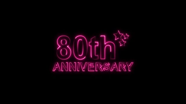 Celebrate 80th anniversary with glowing pink neon text and sparkling stars on a black backdrop, perfect for invitations, cards, and social media posts, evoking joy and milestone achievement