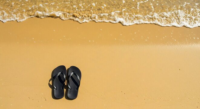 Black flip-flops rest on a sandy beach as gentle waves roll toward shore