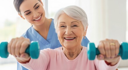 Happy senior woman exercising with dumbbells, assisted by smiling female caregiver.
