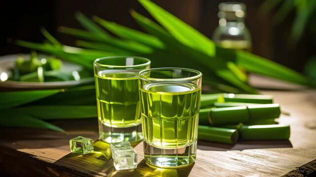 Green Drink: The verdant elixir in the glasses, the leaves, ice cubes and the wooden base convey freshness and health.