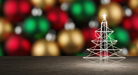 Glowing white wireframe Christmas tree with star on top, set against a festive blurred background of red, green, and gold holiday ornaments.