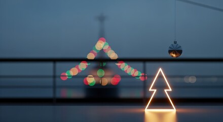 Abstract glowing neon Christmas tree outline with a hanging silver ornament, set against a blurred background of colorful festive bokeh lights, minimalist holiday design.
