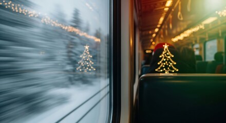 Cozy Holiday Train Ride with Sparkling Christmas Tree Lights Reflected in Window and Blurred Winter Scenery