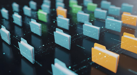 Abstract visualization of a robust digital data ecosystem, showcasing structured information flow and secure network communication among interconnected digital folders and shared cloud storage