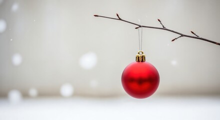 Vibrant red Christmas bauble hanging from a bare tree branch, surrounded by gentle falling snowflakes on a serene winter day, symbolizing holiday cheer and seasonal beauty.