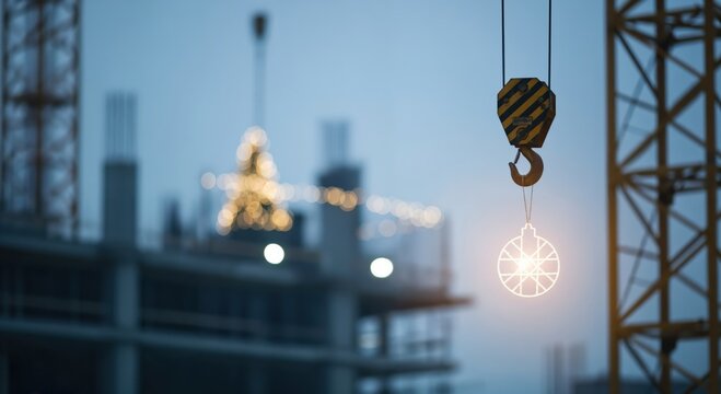 Construction crane hook lifting a glowing Christmas ornament at a building site with festive holiday lights and a blurred Christmas tree in the background