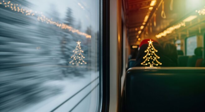 Fototapeta Cozy Holiday Train Ride with Sparkling Christmas Tree Lights Reflected in Window and Blurred Winter Scenery