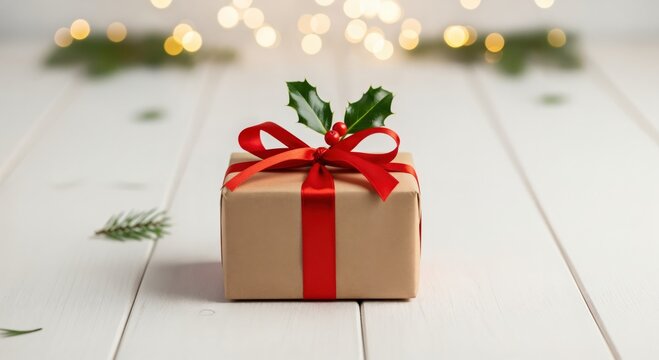 Elegantly wrapped Christmas gift with red ribbon and holly on a rustic white wooden table, set against a backdrop of sparkling bokeh lights and festive greenery. - Powered by Adobe