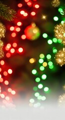 Vibrant holiday season backdrop featuring defocused red and green Christmas tree lights and glittery baubles