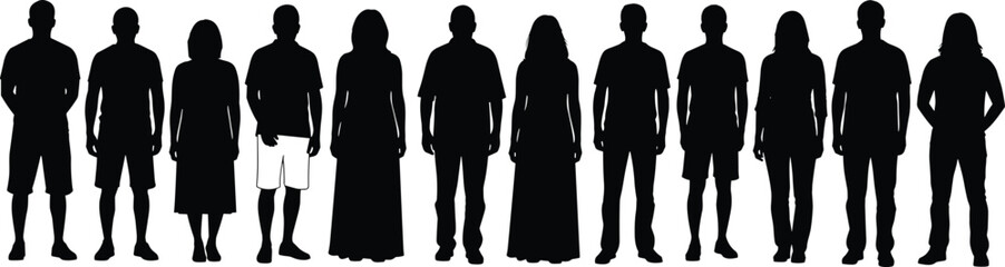 Silhouette group of diverse standing people in a row, black figures on white background, community crowd concept, minimalist vector illustration
