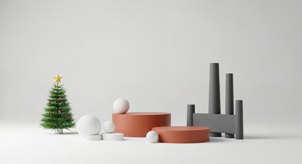 Modern Christmas holiday display with a decorated green tree, round terracotta product pedestals, white spheres, and abstract grey geometric shapes on a clean studio background.