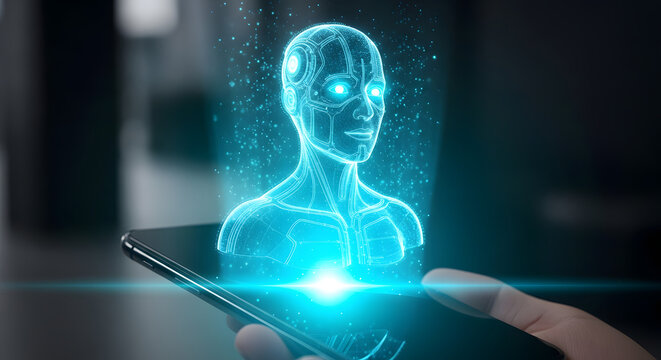 Digital human AI assistant emerging from a mobile phone, representing the future of artificial intelligence, connectivity, and smart technology - Powered by Adobe