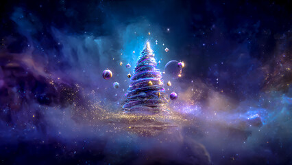 A surreal glowing Christmas tree floats amidst a vast starry void, ornaments orbiting slowly like planets, glittering gold dust swirling around.