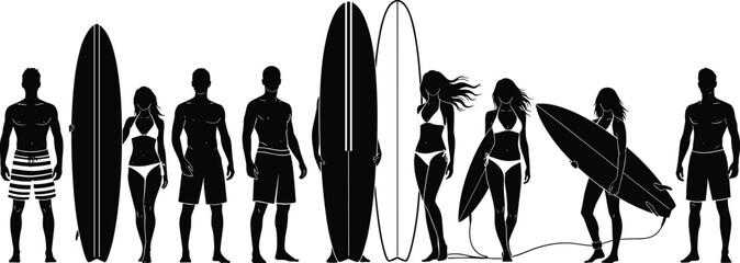 Silhouette group of surfers standing with surfboards on beach, summer coastal lifestyle, outdoor water sport activity illustration for travel and adventure themes © Itz Marjia