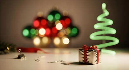 Modern Christmas holiday decoration featuring a neon green spiral tree, a shiny silver present with red ribbon, and bokeh lights.