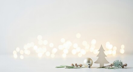 Simple and elegant holiday background with a wooden Christmas tree, silver ornament, and warm bokeh lights, perfect for festive greetings.