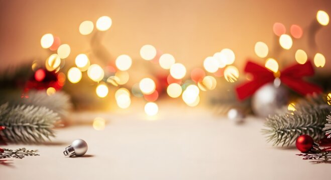 Festive Christmas holiday background with sparkling golden bokeh lights, evergreen pine branches, and elegant red and silver ornaments for seasonal celebrations