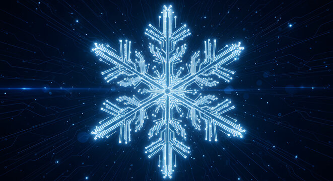 Abstract digital snowflake, representing the intricate beauty of technology and winter's magic, with glowing circuits forming its delicate structure - Powered by Adobe