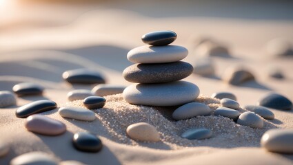 Zen stones arranged on smooth sand for a healthy lifestyle, illustrating harmony, focus, and calm energy within a natural setting that fosters reflection