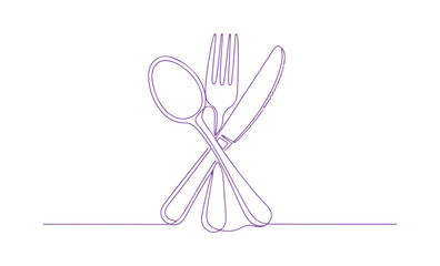 A single continuous line drawing featuring food utensils. A spoon, fork, and knife designed for a restaurant menu in a straightforward linear style. Stroke is editable. Doodle vector art.