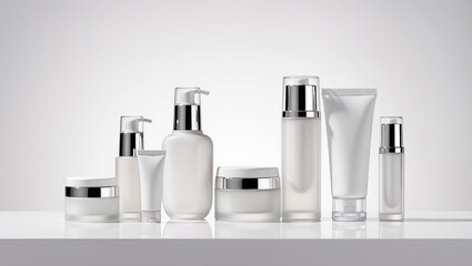 Elegant skincare product line for beauty brands, showcasing modern packaging design and clean aesthetic for marketing campaigns and product mockups.